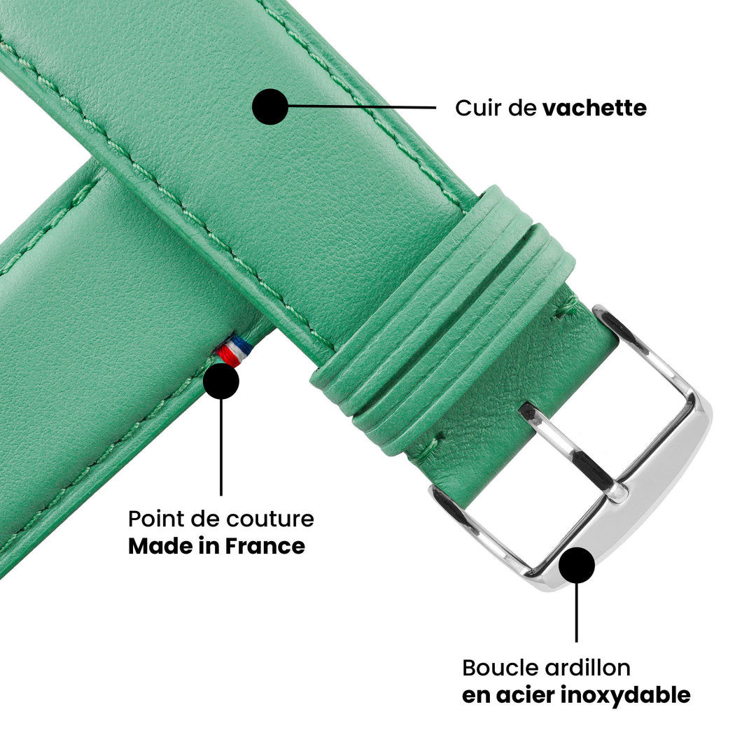 Aquarelle - Bracelet Apple Watch cuir petite taille Jade 44mm 45mm 46mm 49mm - Adaptateurs Gris sidéral