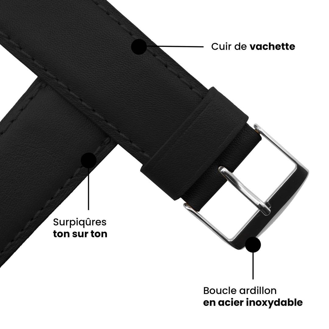 Holi Apple Watch - Bracelet cuir de vachette Noir 38mm 40mm 41mm 42mm