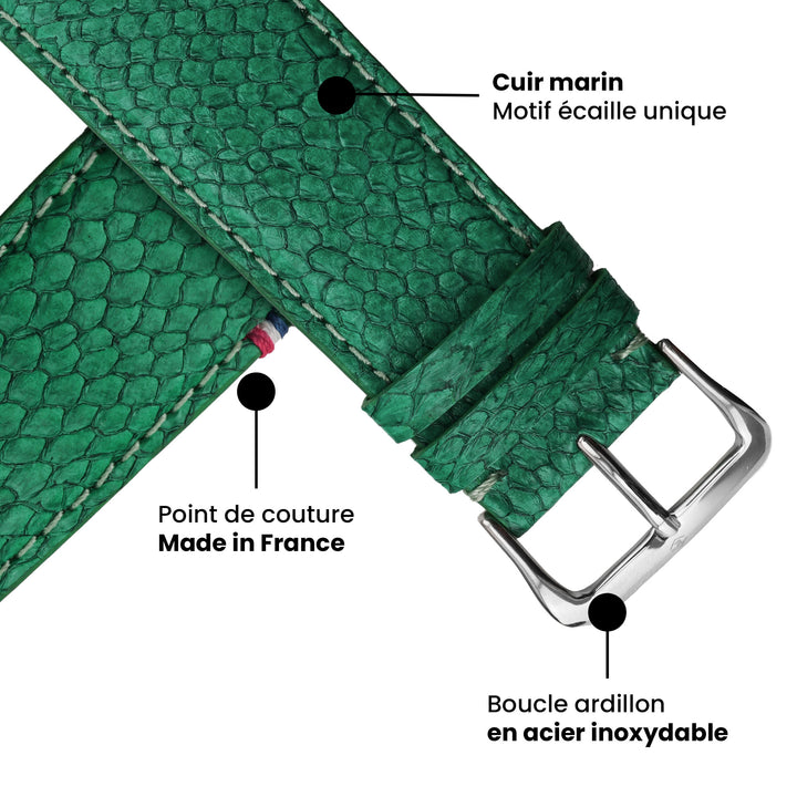 Horizon - Cuir marin français upcyclé - Bracelet Apple Watch Émeraude 38mm 40mm 41mm 42mm
