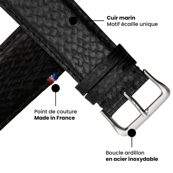 Horizon - Cuir marin français upcyclé - Bracelet Apple Watch Perle noire 38mm 40mm 41mm 42mm