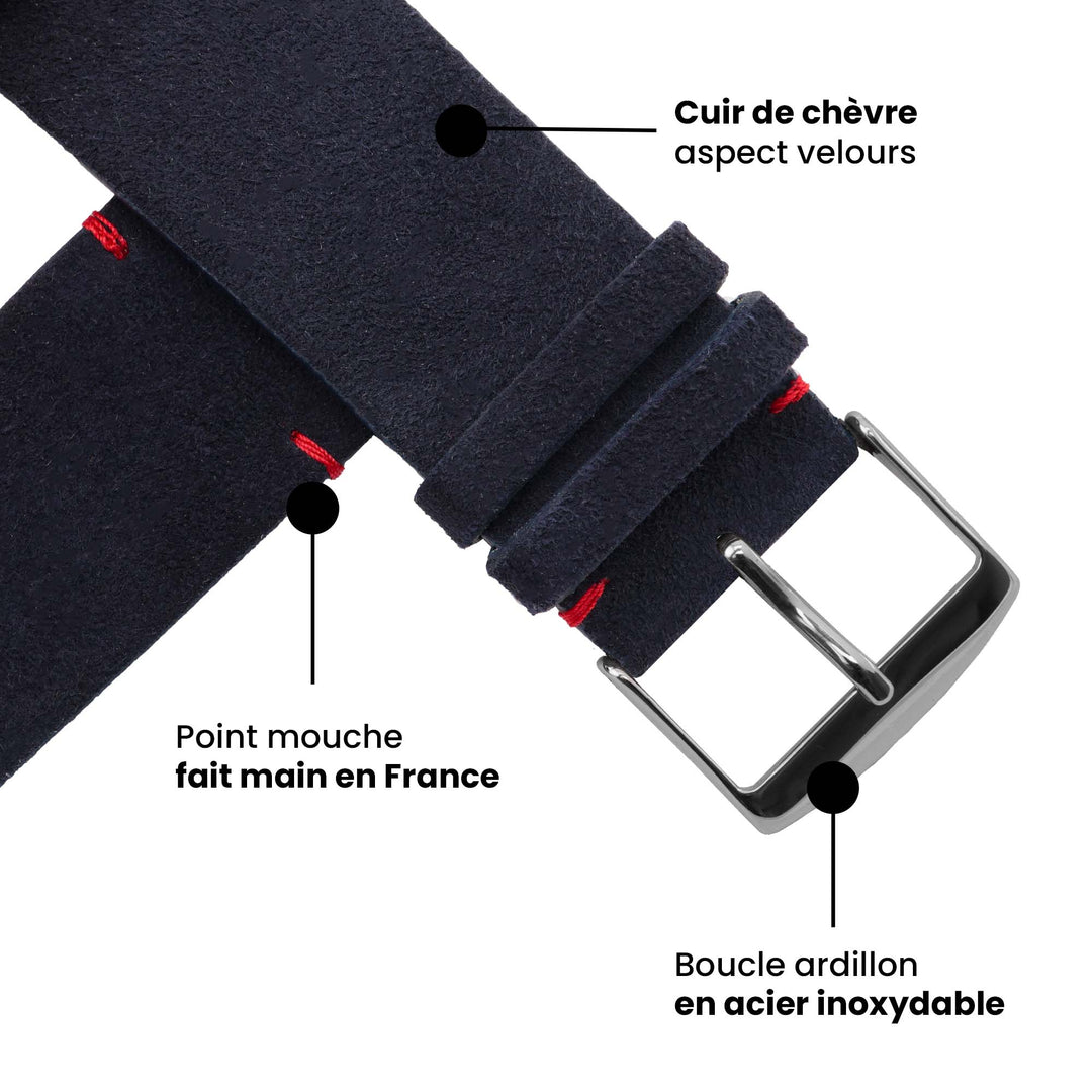 Maverick - Bracelet Apple Watch cuir de chèvre velours Marine 38mm 40mm 41mm 42mm