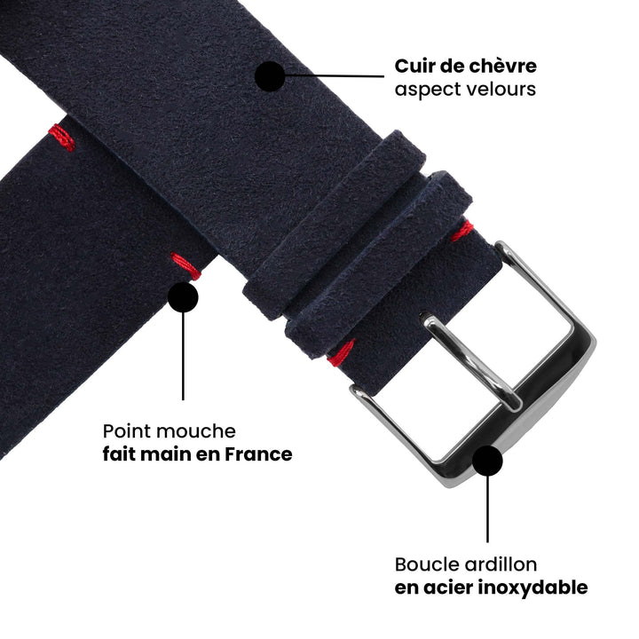 Maverick - Bracelet Apple Watch cuir de chèvre velours Marine 38mm 40mm 41mm 42mm