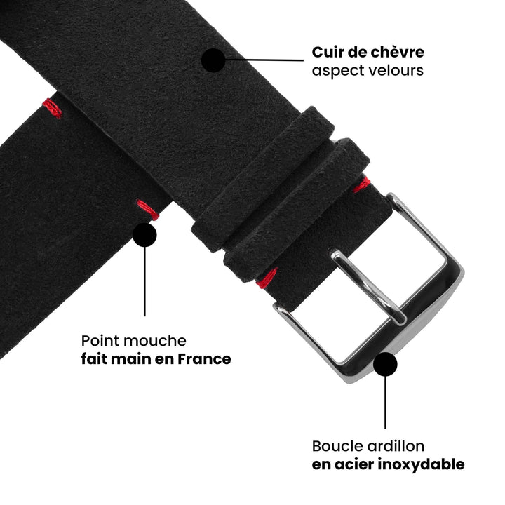Maverick - Bracelet Apple Watch cuir de chèvre velours Noir 38mm 40mm 41mm 42mm