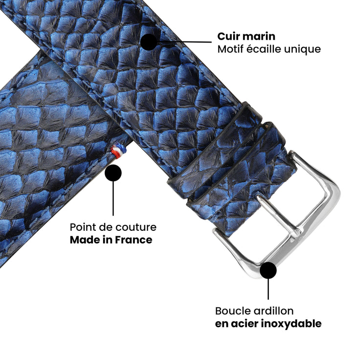 Odyssée - Cuir marin français upcyclé - Bracelet Apple Watch Bleu Circé 38mm 40mm 41mm 42mm