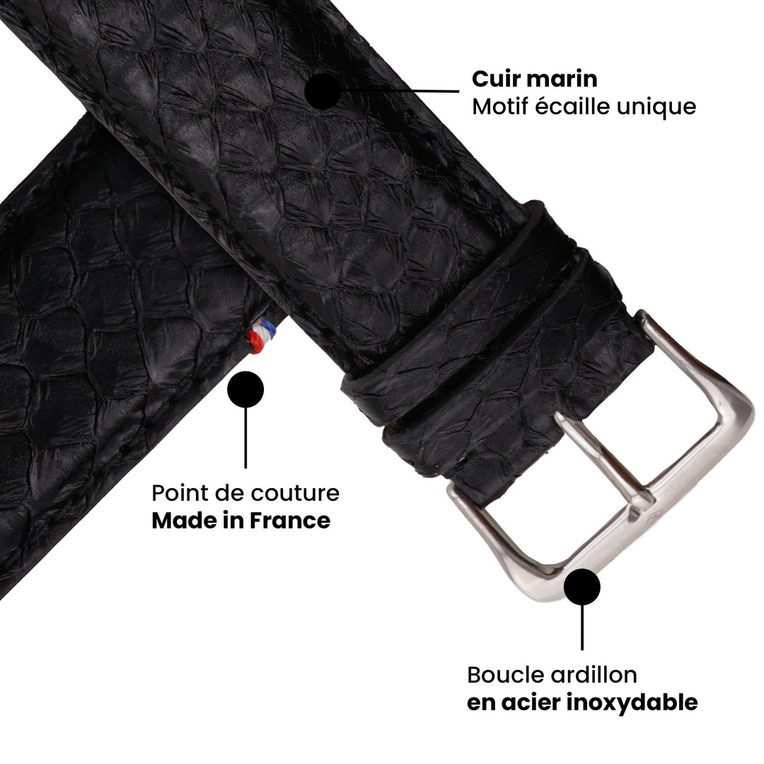 Odyssee - Upgecyceltes französisches Meeresleder - Apple Watch Armband Obsidian 46 / 49 mm