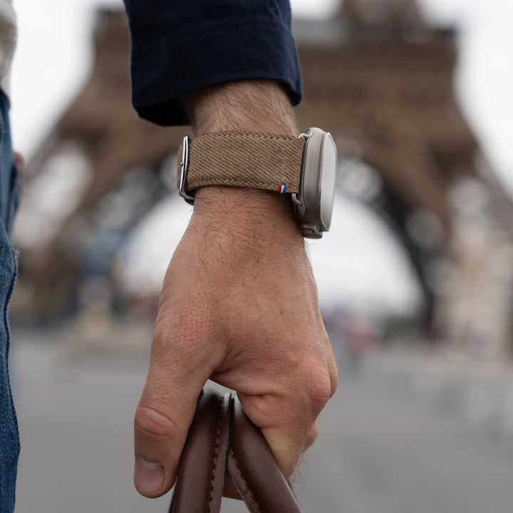 Denim – Apple Watch Armband Leder im Jeans-Look – Taupe 46 / 49 mm