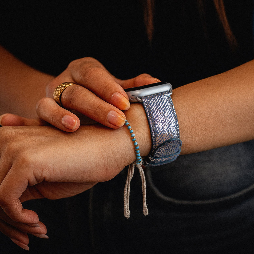 Nuit Parisienne - Bracelet Apple Watch cuir effet jean pailleté - Lune 38mm 40mm 41mm 42mm