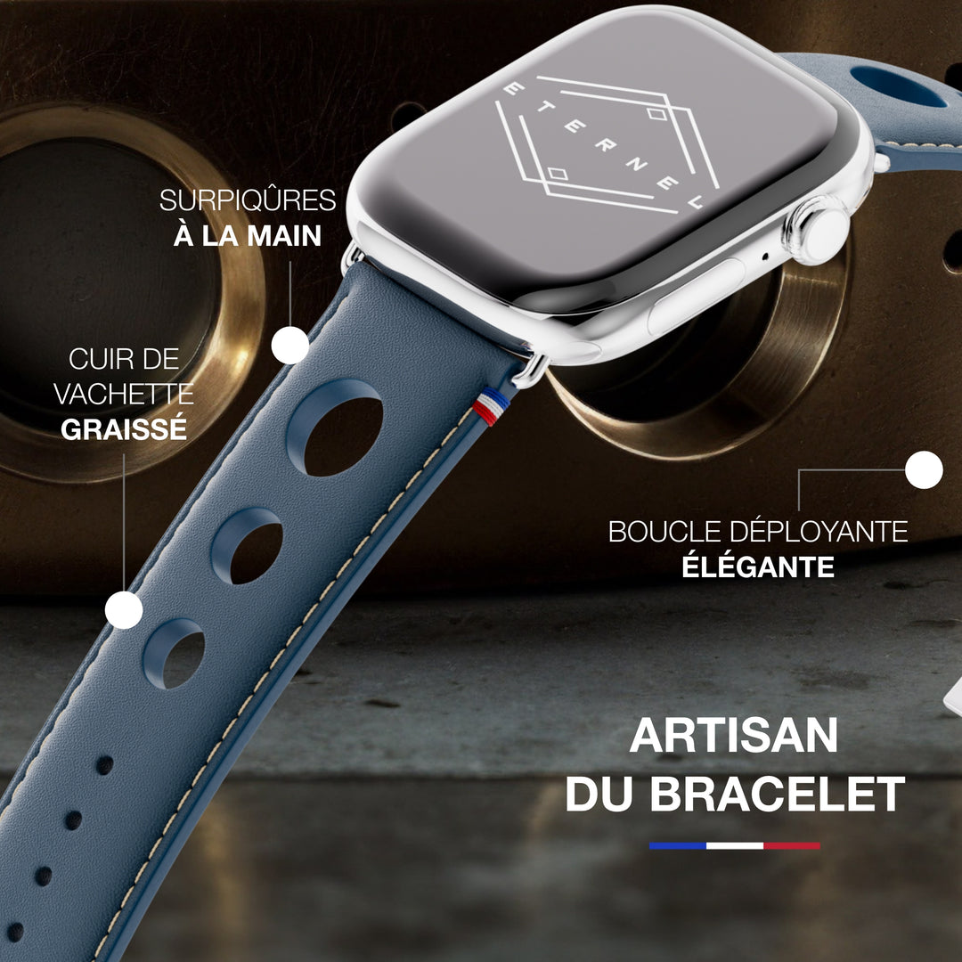 Rallye - Bracelet Apple Watch cuir vachette boucle déployante Marine 44mm 45mm 46mm 49mm