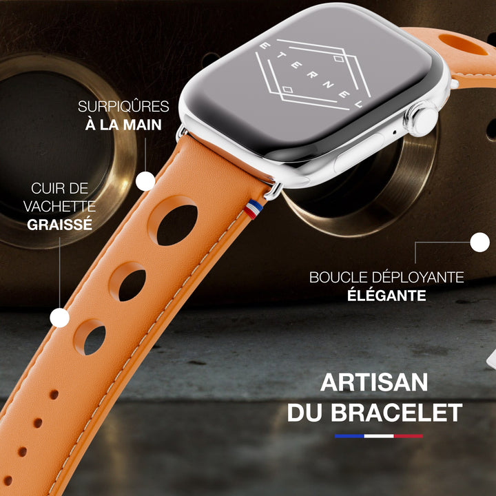 Rallye - Bracelet Apple Watch cuir vachette boucle déployante Miel 44mm 45mm 46mm 49mm