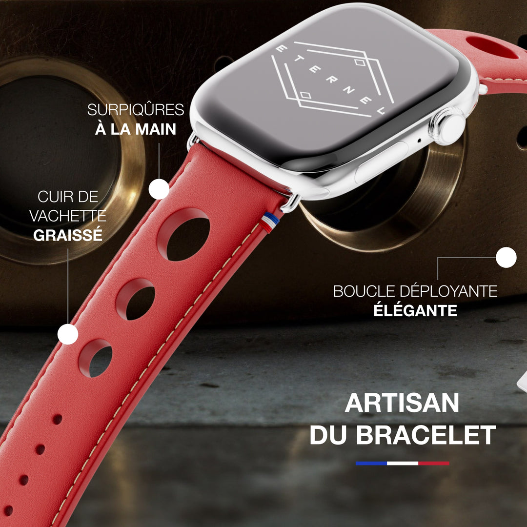 Rallye - Bracelet Apple Watch cuir vachette boucle déployante Rouge 44mm 45mm 46mm 49mm