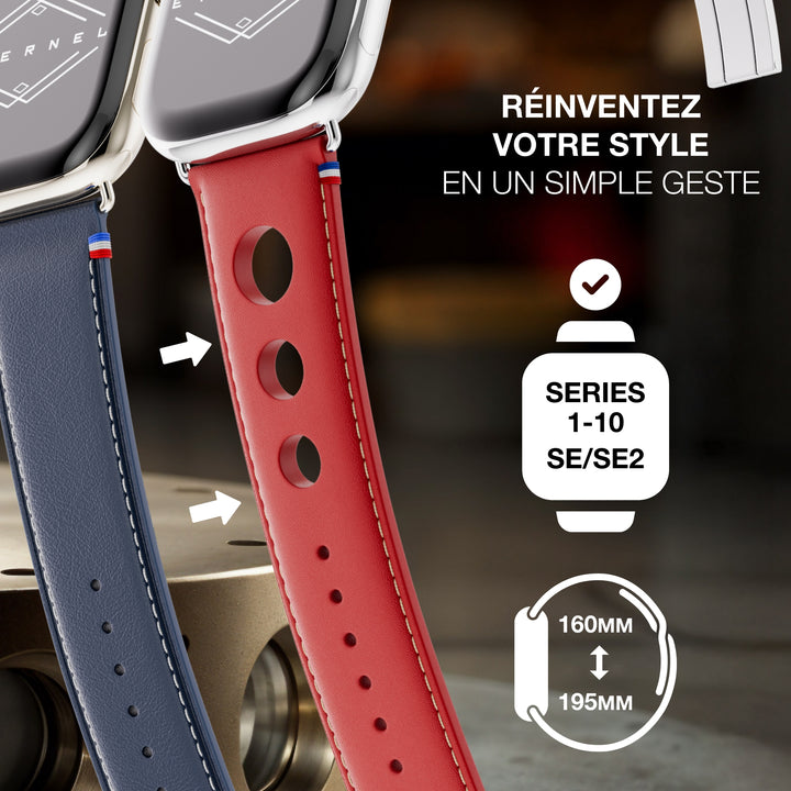 Rallye - Bracelet Apple Watch cuir vachette boucle déployante Rouge 44mm 45mm 46mm 49mm
