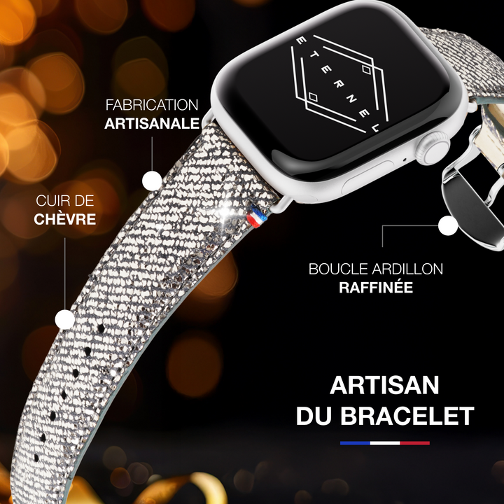 Nuit Parisienne - Bracelet Apple Watch cuir effet jean pailleté - Lune 38mm 40mm 41mm 42mm