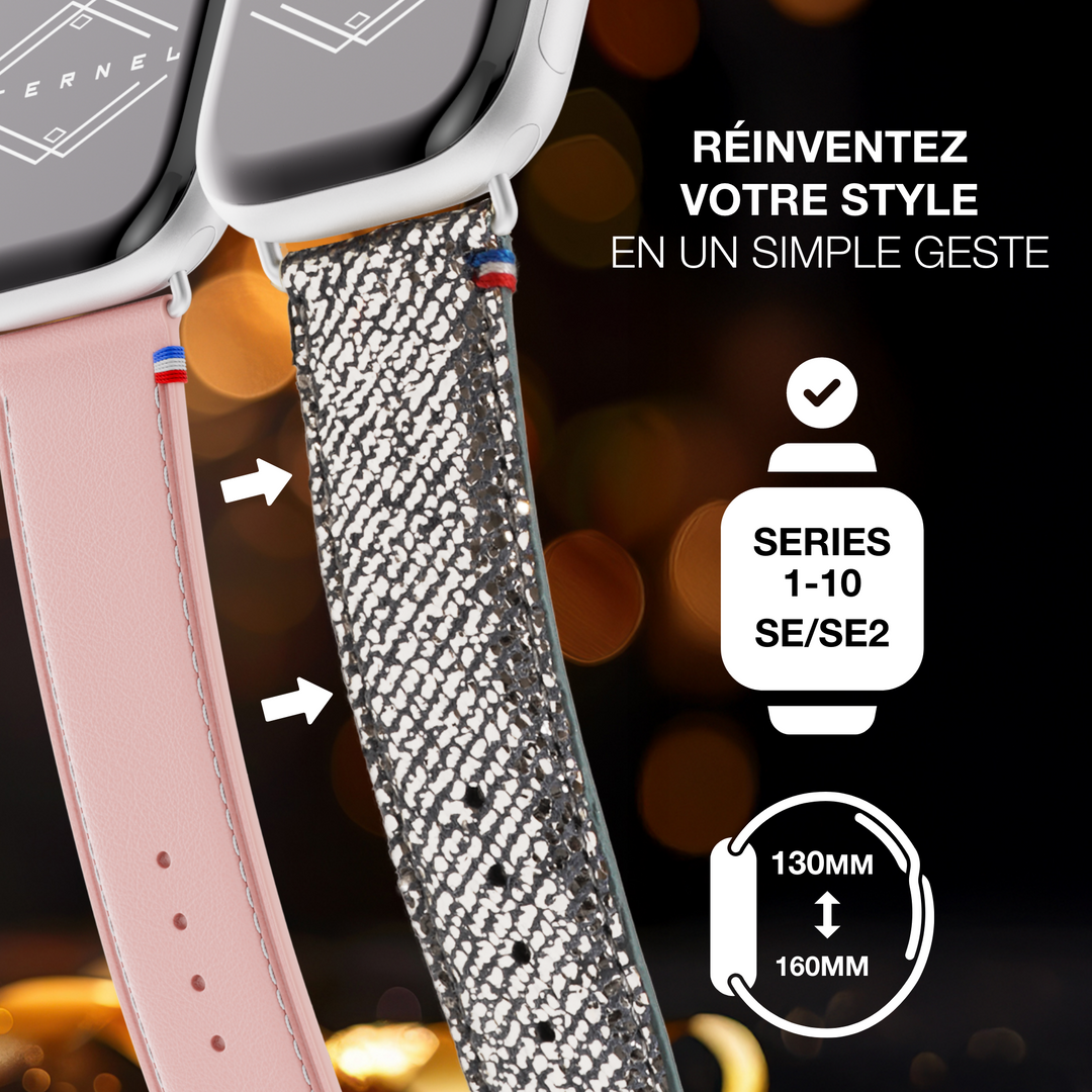 Nuit Parisienne - Bracelet Apple Watch cuir effet jean pailleté - Lune 38mm 40mm 41mm 42mm