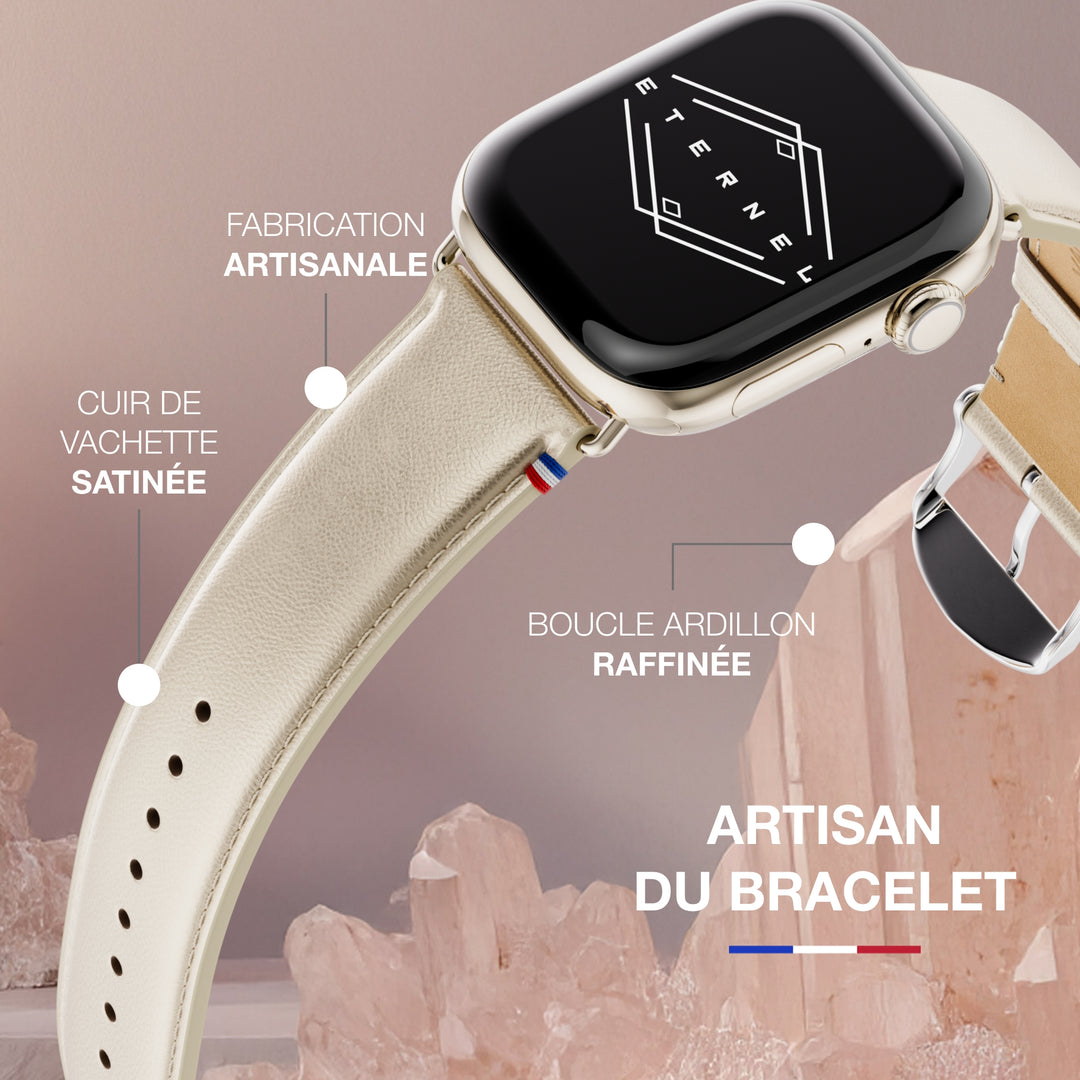 Maryline - Satin Champagne Cowhide Leather Apple Watch Band 42 mm