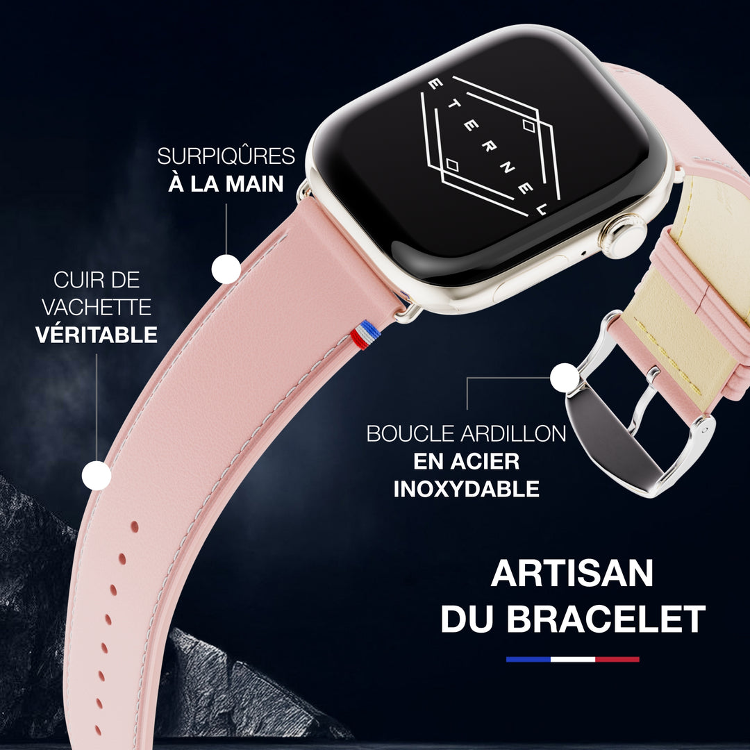 Simple tour - Cuir de vachette graissé Apple Watch Rose poudré 44mm 45mm 46mm 49mm