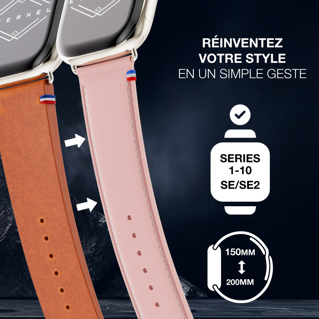 Simple tour - Cuir de vachette graissé Apple Watch Rose poudré 44mm 45mm 46mm 49mm