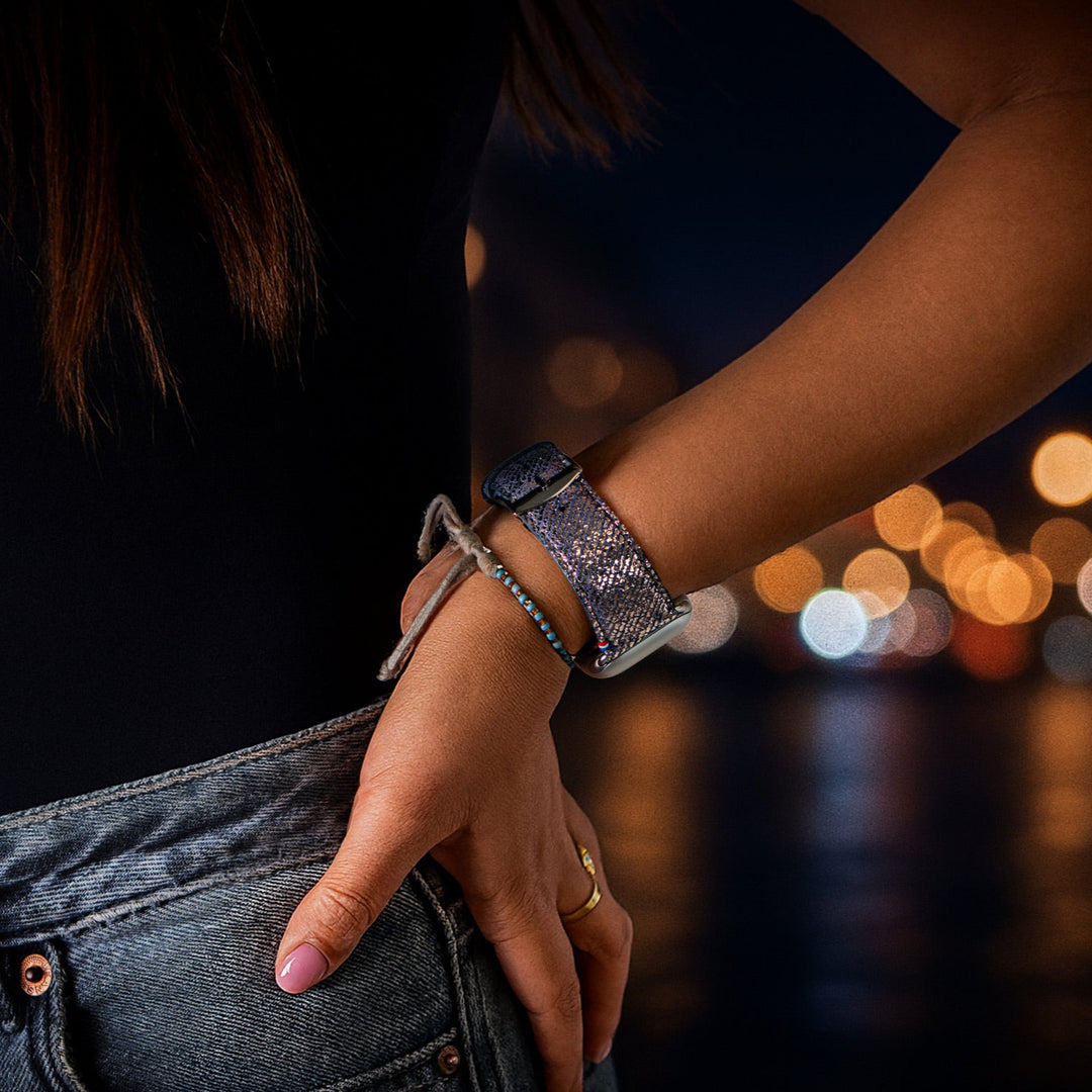 Nuit Parisienne - Bracelet Apple Watch cuir effet jean pailleté - Lune 38mm 40mm 41mm 42mm
