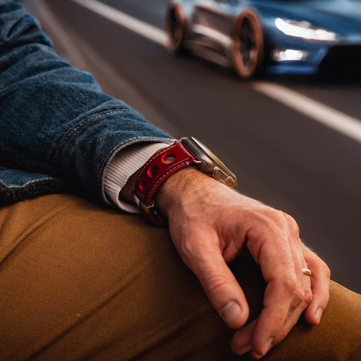 Rallye - Bracelet Apple Watch cuir vachette boucle déployante Rouge 44mm 45mm 46mm 49mm