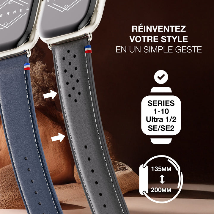 Roadster - Bracelet Apple Watch cuir perforé Noir 44mm 45mm 46mm 49mm