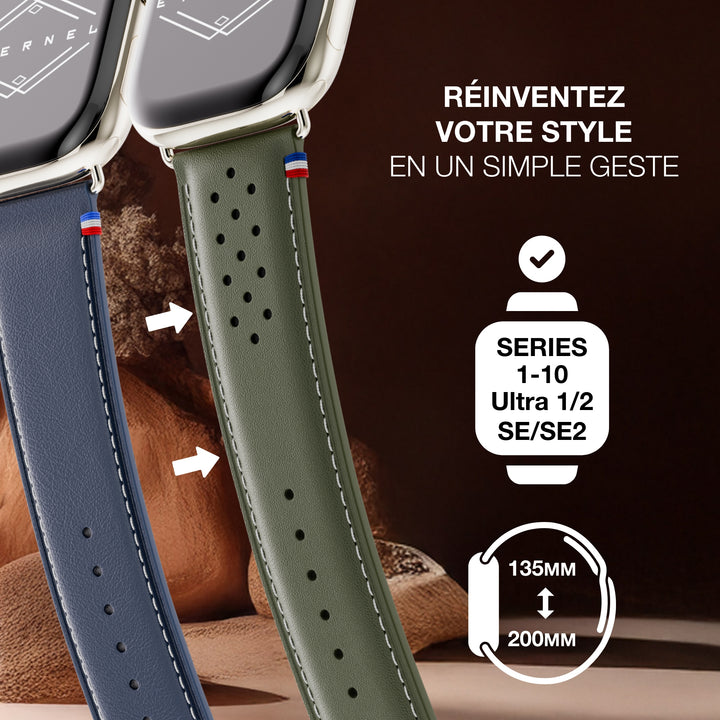 Roadster - Bracelet Apple Watch cuir perforé Vert forêt 44mm 45mm 46mm 49mm