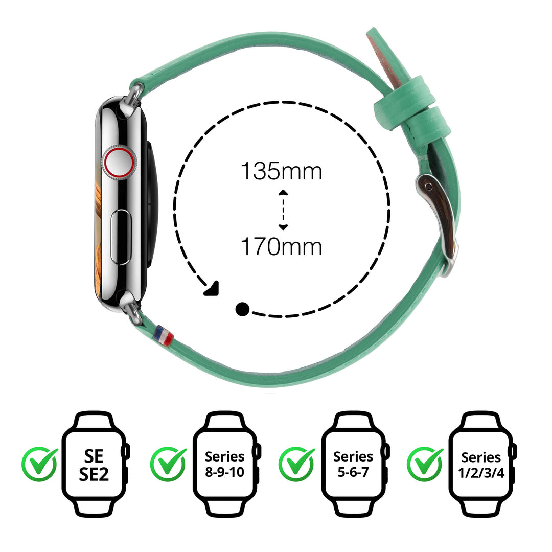 Aquarelle - Bracelet Apple Watch cuir petite taille Jade 38mm 40mm 41mm 42mm - Adaptateur Acier Inoxydable brillant