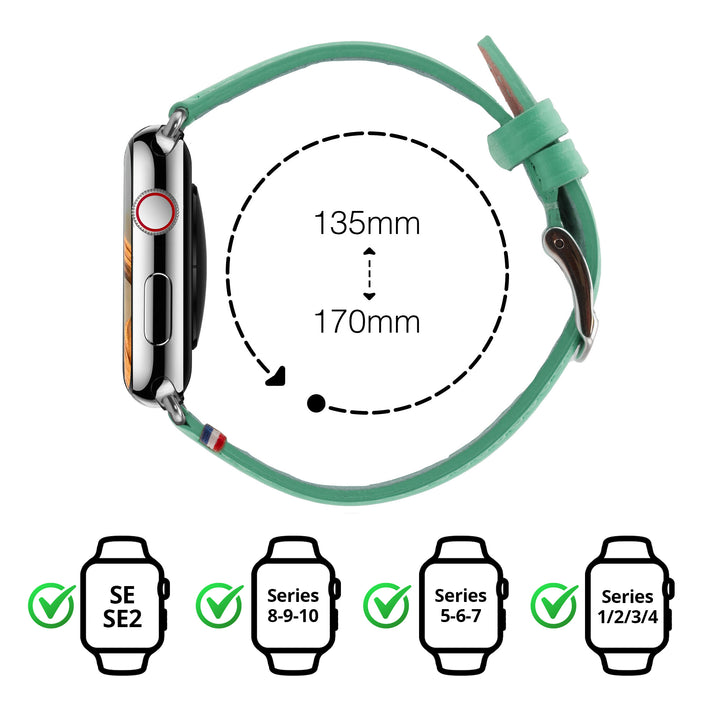 Aquarelle - Bracelet Apple Watch cuir petite taille Jade 38mm 40mm 41mm 42mm - Adaptateur Acier Inoxydable brillant
